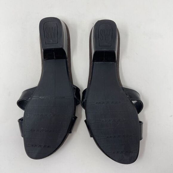 Stuart Weitzman Women's Cork Slip On Sandals Open Toe Black Patent Strap Sz 8.5 - Picture 7 of 9